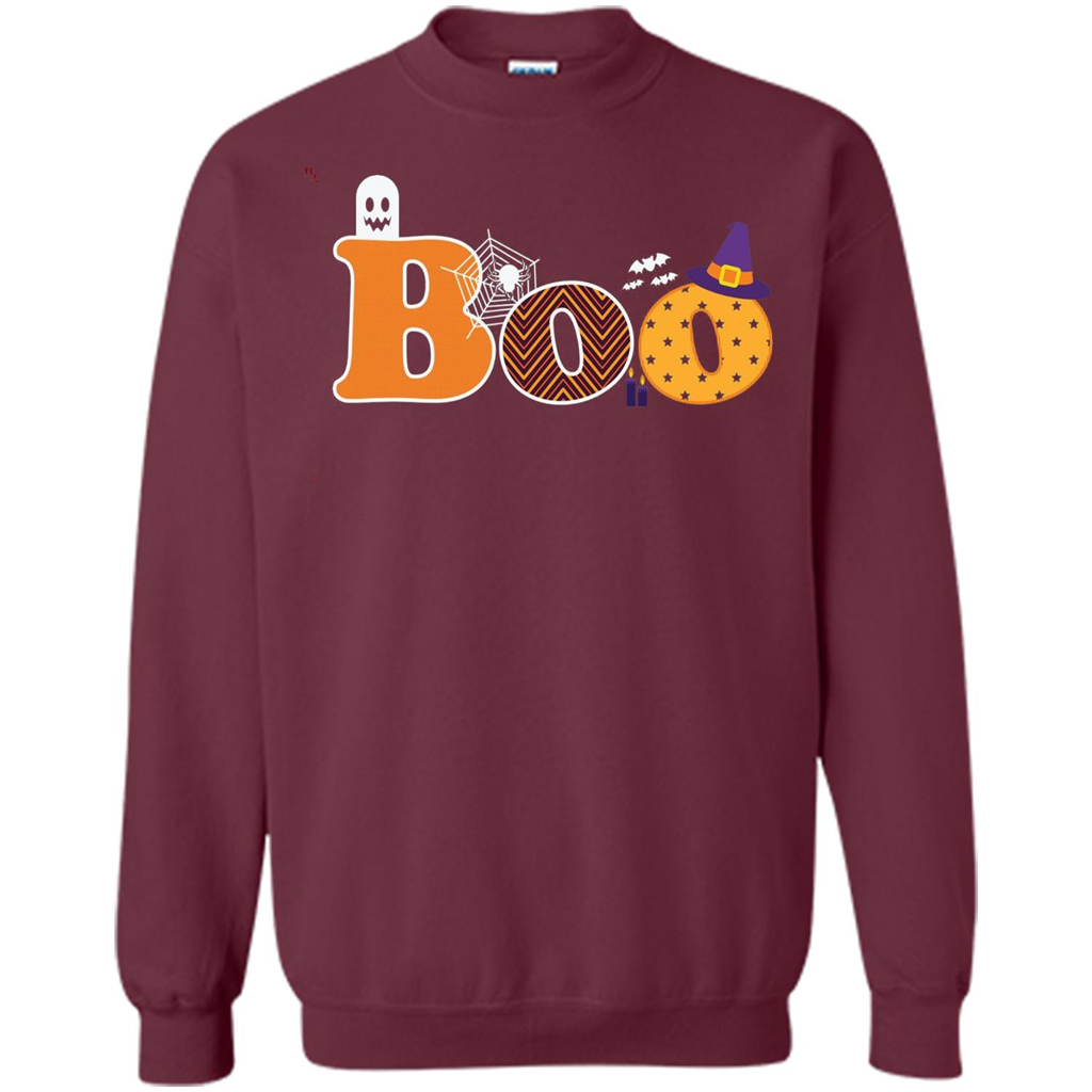 Boo Halloween T-Shirt With Ghost, Spider, Bat and Witch Hat Maroon
