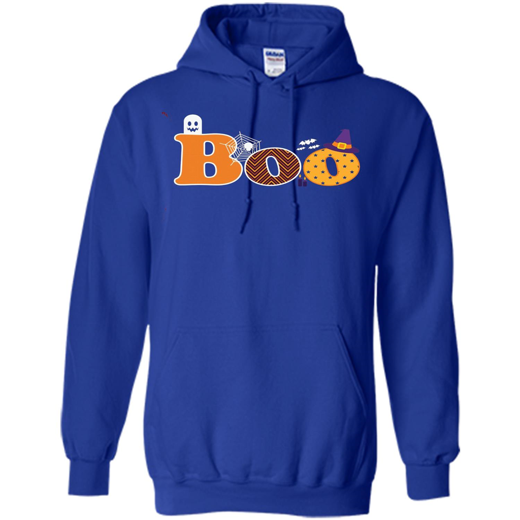 Boo Halloween T-Shirt With Ghost, Spider, Bat and Witch Hat Royal