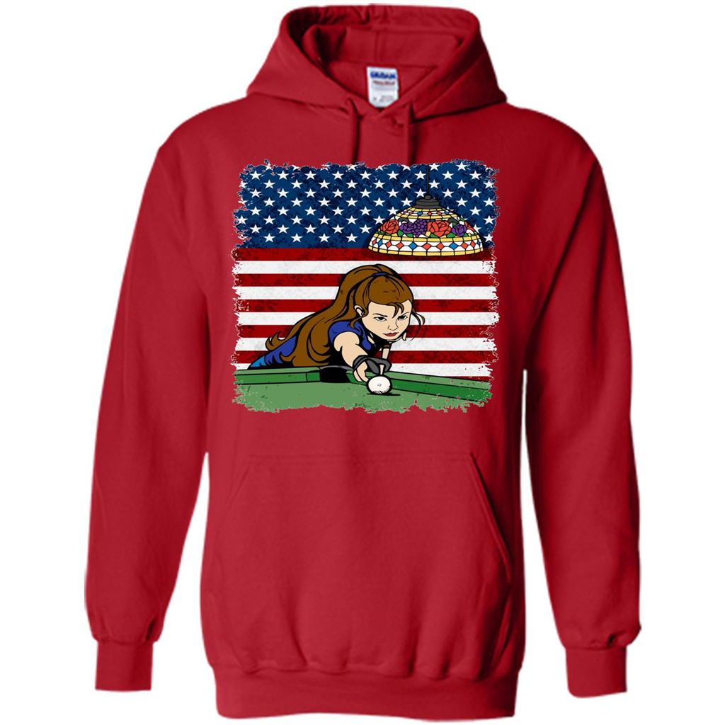 Female Pool Player on American Flag Patriotic T-shirt Red