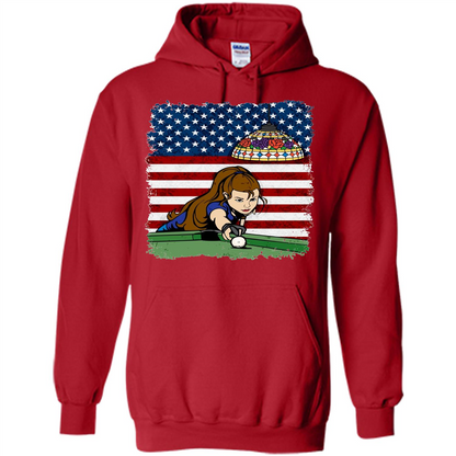Female Pool Player on American Flag Patriotic T-shirt Red