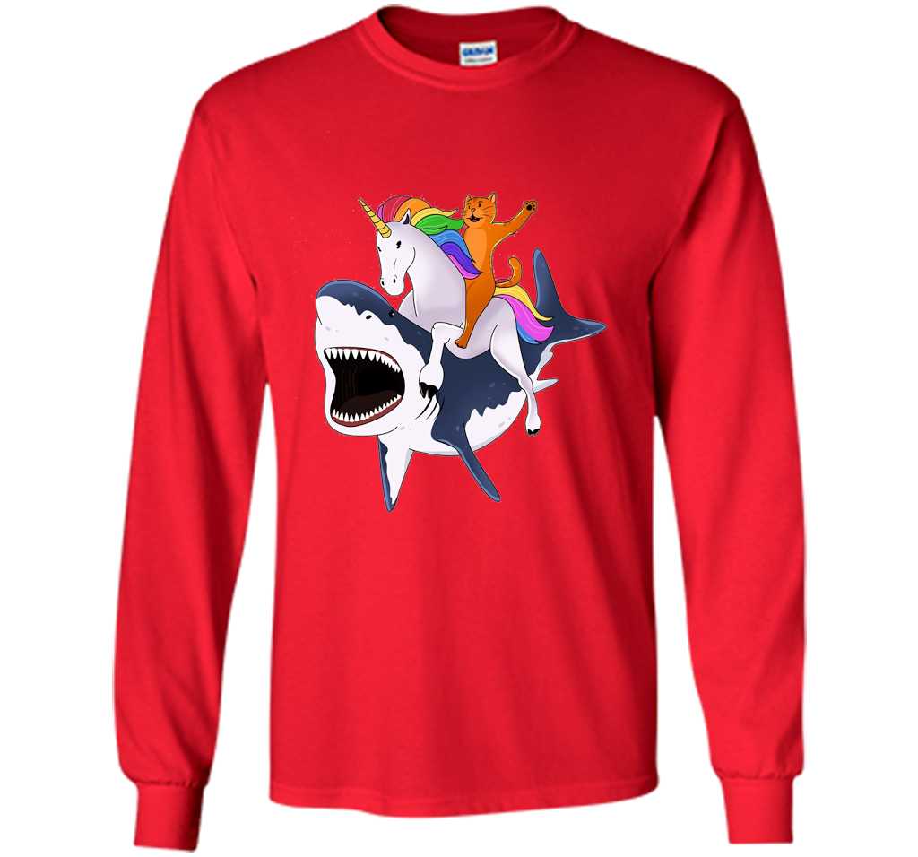 Cat Riding Unicorn Riding Shark T-shirt Red