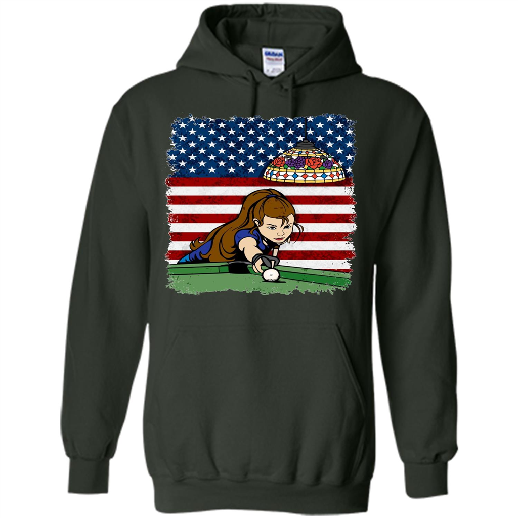 Female Pool Player on American Flag Patriotic T-shirt Forest Green