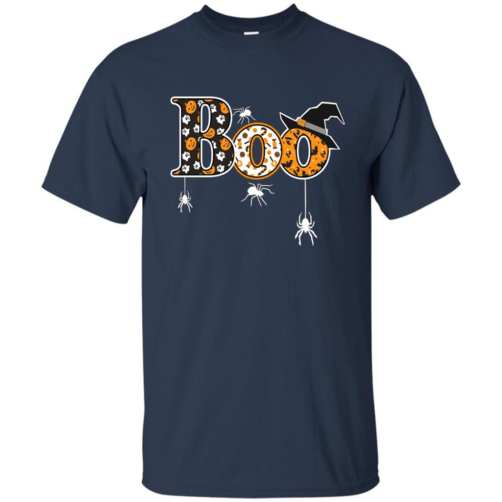 Boo Halloween T-Shirt With Spiders And Witch Hat Navy