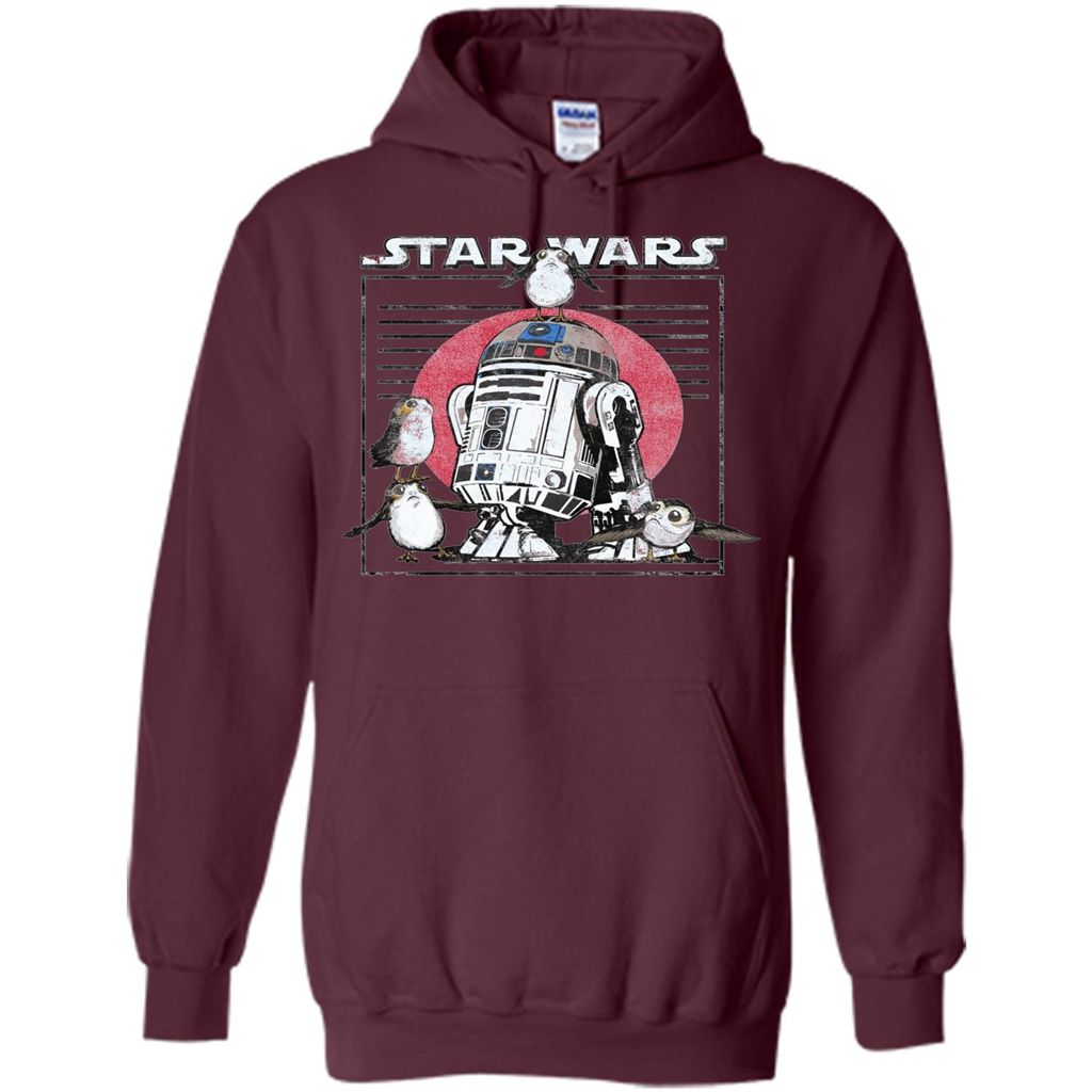 Movie T-shirt Last Jedi Flock Of Porgs Surround R2-D2 T-shirt Maroon