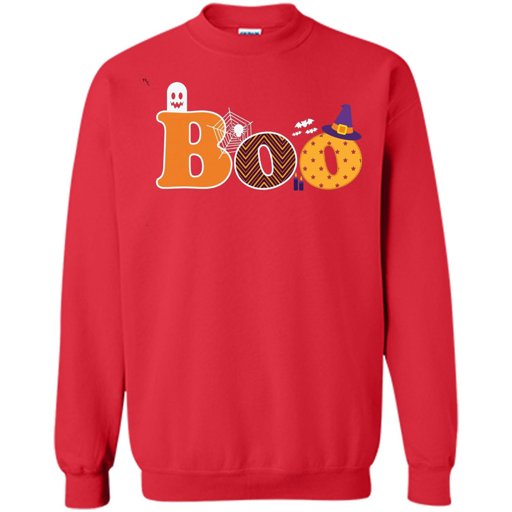 Boo Halloween T-Shirt With Ghost, Spider, Bat and Witch Hat Red