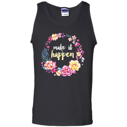 Make It Happen T-shirt Floral Wreath Script Typography T-shirt Black