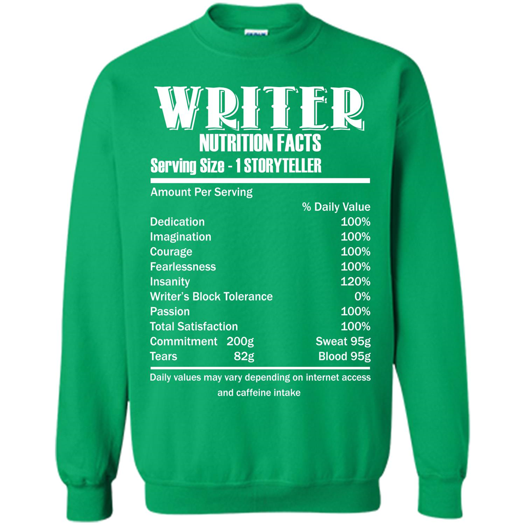 Writer Nutrition Facts Serving Size T-shirt Irish Green