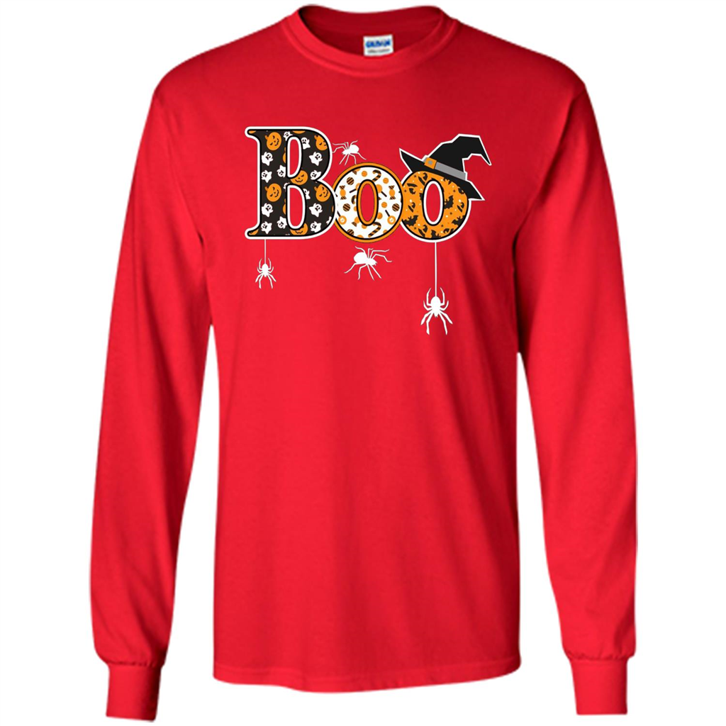 Boo Halloween T-Shirt With Spiders And Witch Hat Red