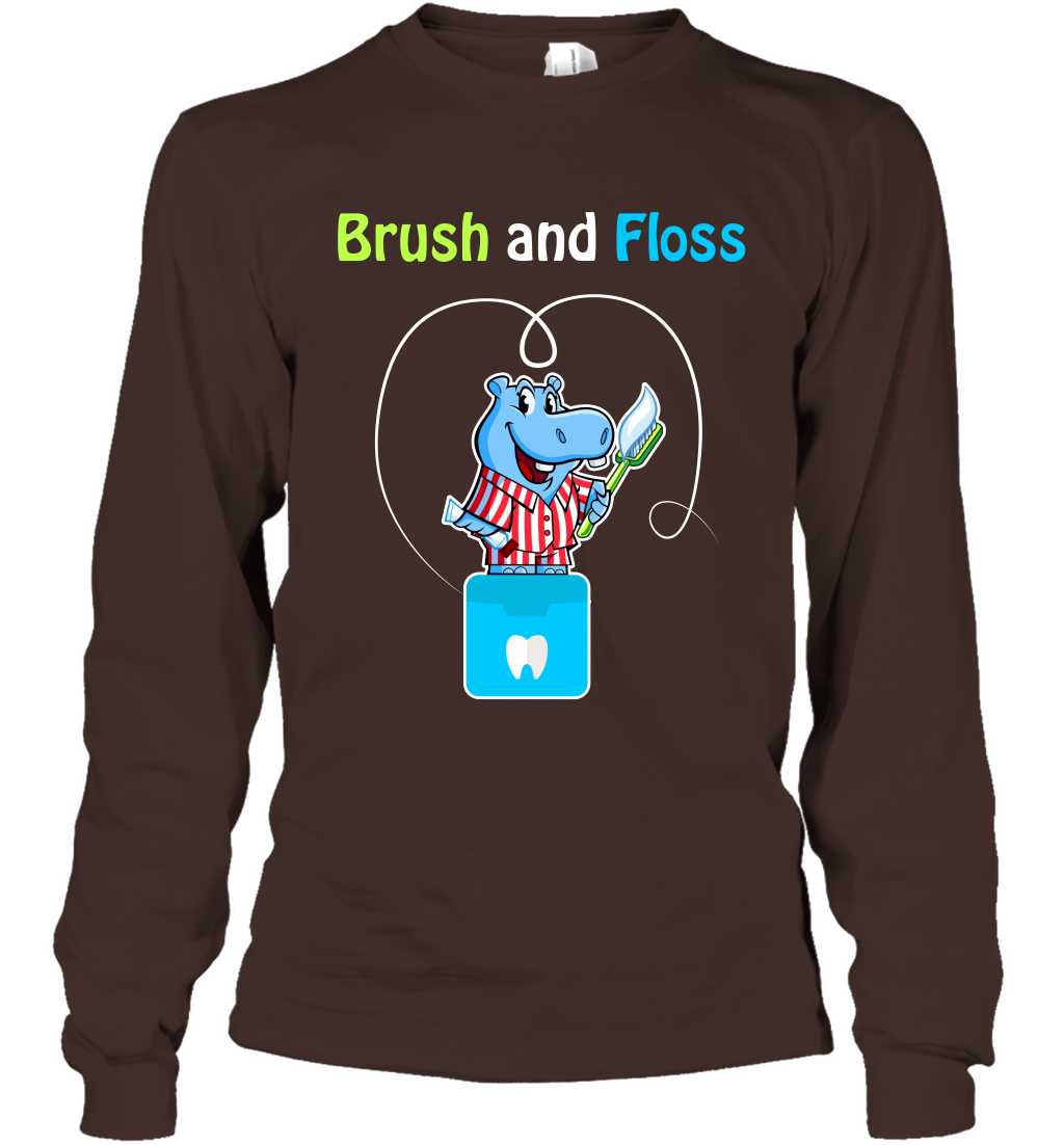 Brush Floss Hippo Shirt Long Sleeve T-Shirt Long Sleeve T-Shirt Dark Chocolate