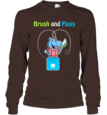Brush Floss Hippo Shirt Long Sleeve T-Shirt Long Sleeve T-Shirt Dark Chocolate