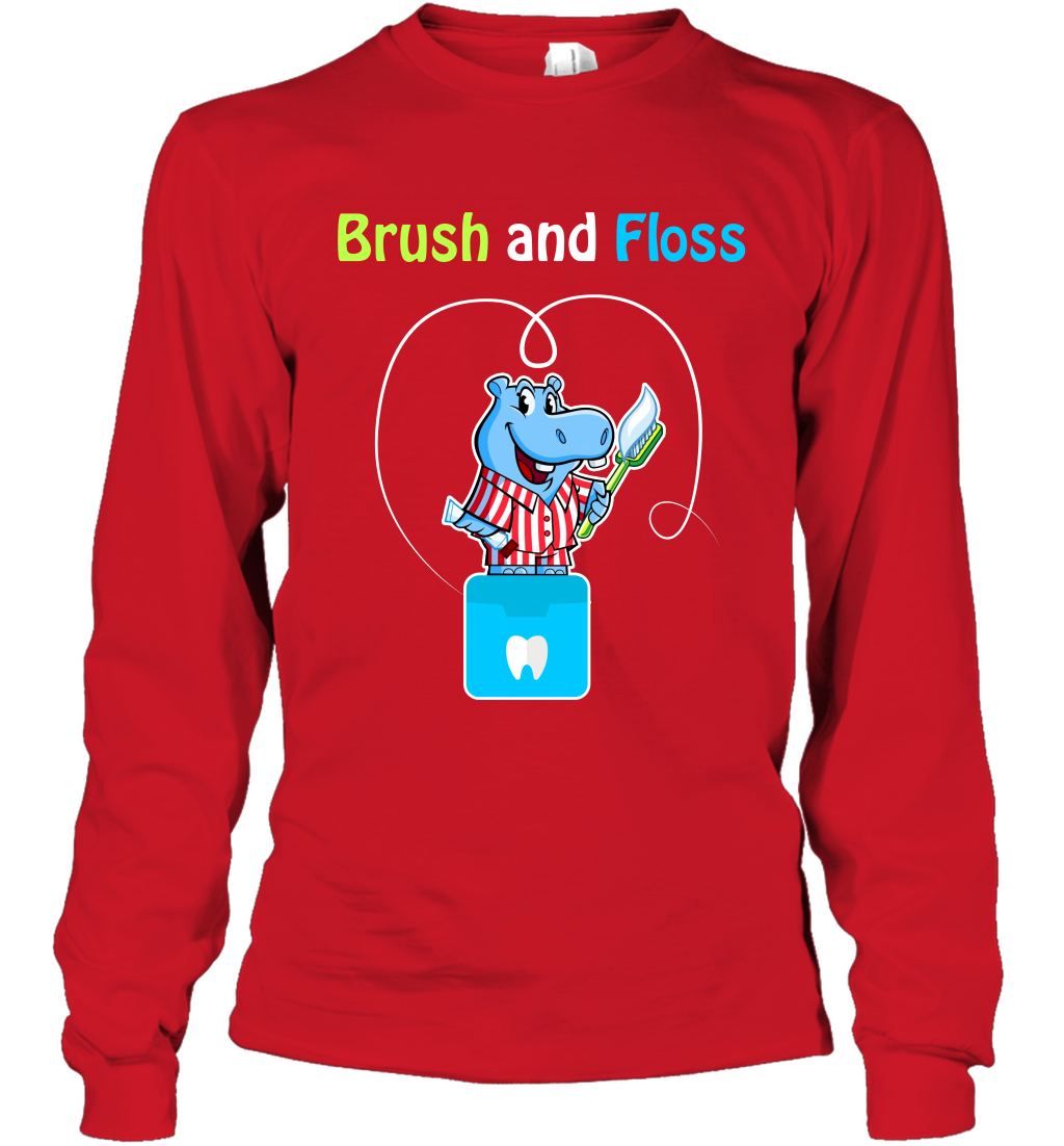 Brush Floss Hippo Shirt Long Sleeve T-Shirt Long Sleeve T-Shirt Red