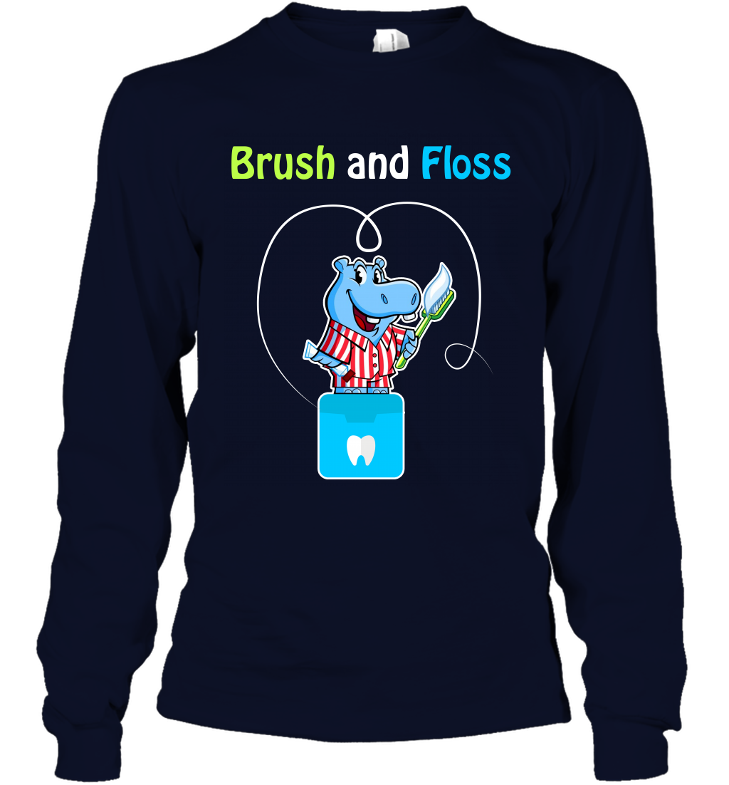 Brush Floss Hippo Shirt Long Sleeve T-Shirt Long Sleeve T-Shirt Navy