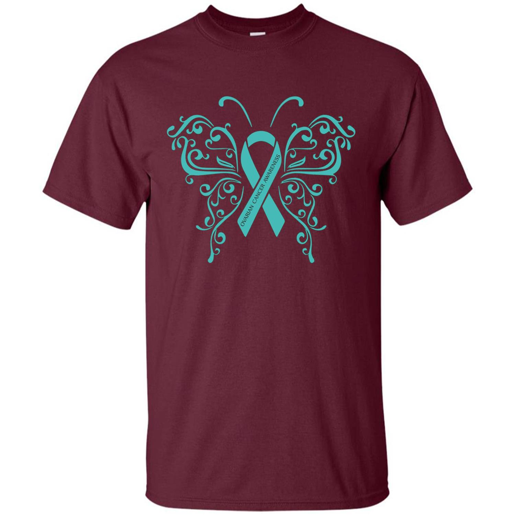 Ovarian Cancer Awareness Butterfly T-Shirt Maroon