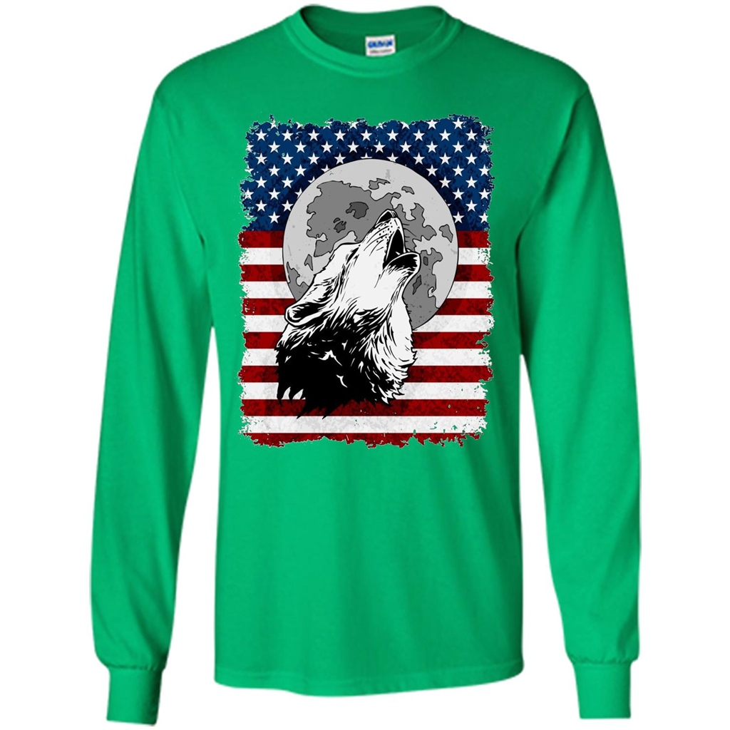 Howling Wolf On American Flag Patriotic T-shirt Irish Green