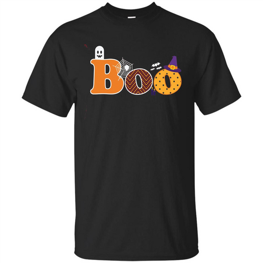 Boo Halloween T-Shirt With Ghost, Spider, Bat and Witch Hat Black