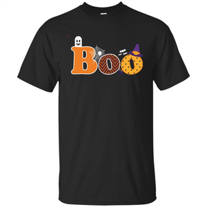 Boo Halloween T-Shirt With Ghost, Spider, Bat and Witch Hat