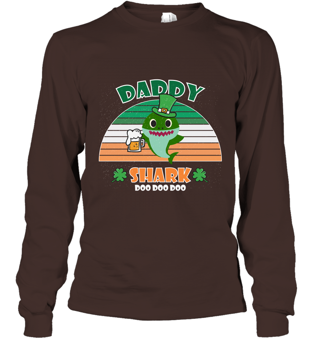 Irish Daddy Shark Saint Patricks Day Family Shirt Long Sleeve T-Shirt Dark Chocolate