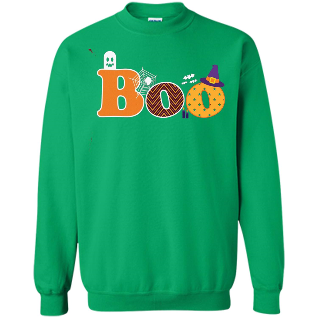 Boo Halloween T-Shirt With Ghost, Spider, Bat and Witch Hat Irish Green