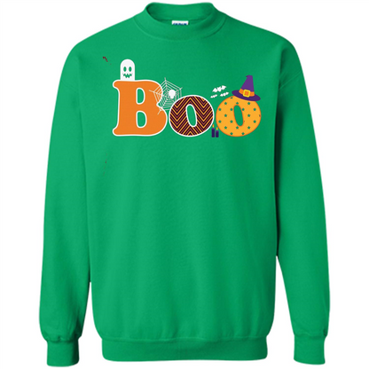 Boo Halloween T-Shirt With Ghost, Spider, Bat and Witch Hat Irish Green