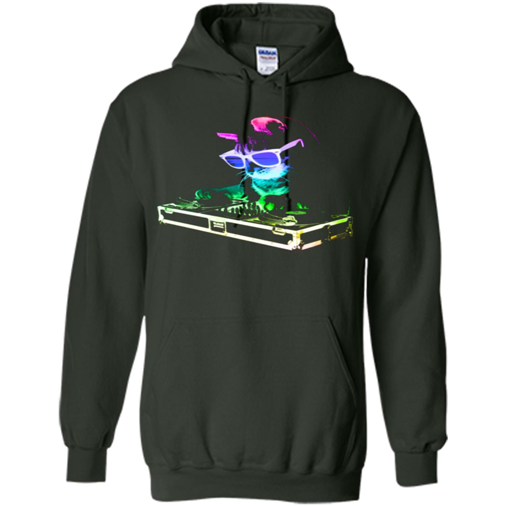 Cat Lover T-shirt House Cat Rainbow DJ Kitty Forest Green