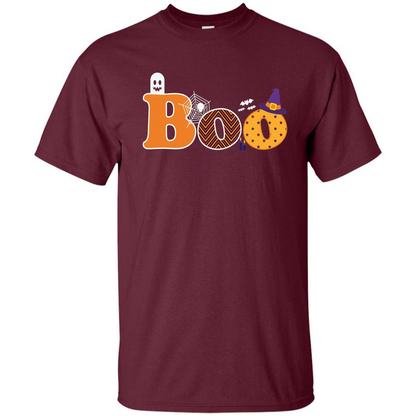 Boo Halloween T-Shirt With Ghost, Spider, Bat and Witch Hat Maroon