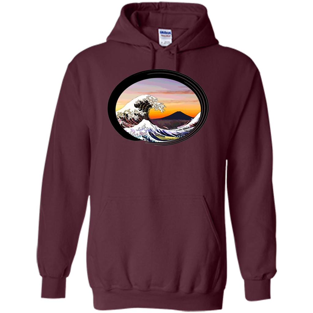 Classic Japanese Zen Art T-shirt, Kanagawa Great Wave Enso Maroon