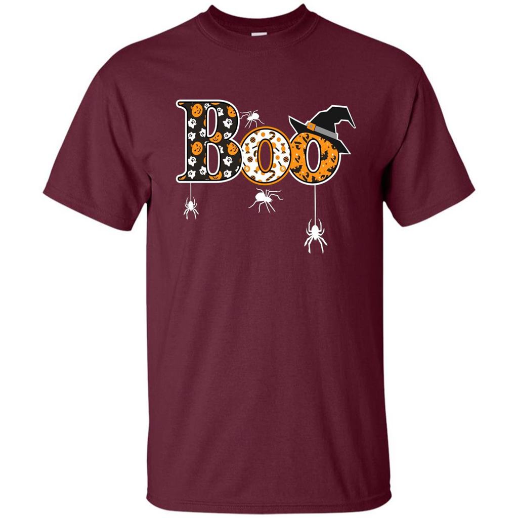 Boo Halloween T-Shirt With Spiders And Witch Hat Maroon