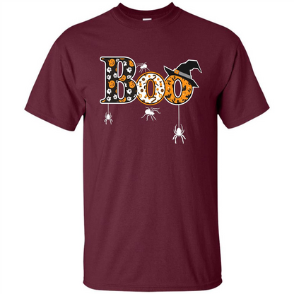 Boo Halloween T-Shirt With Spiders And Witch Hat Maroon