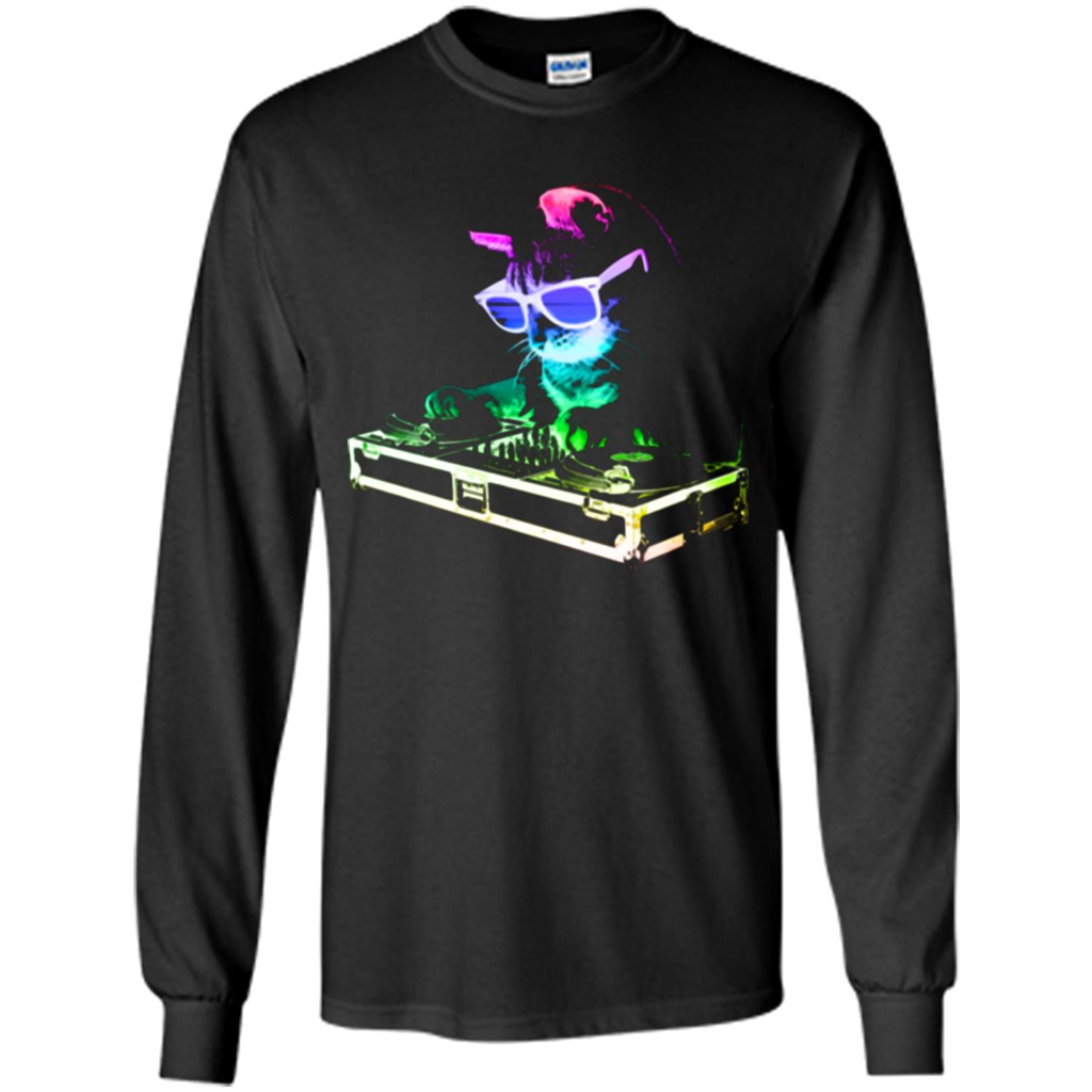 Cat Lover T-shirt House Cat Rainbow DJ Kitty Black