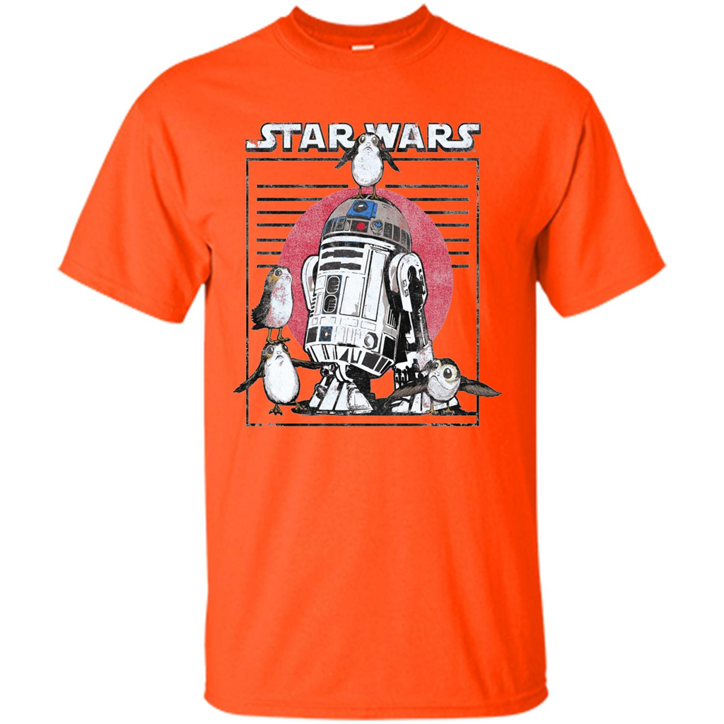 Movie T-shirt Last Jedi Flock Of Porgs Surround R2-D2 T-shirt Orange