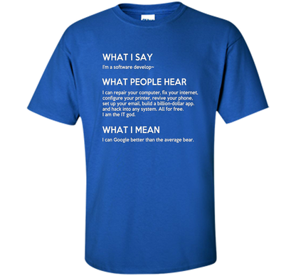 Programmer T-shirt What I Say What People Hear What I Say Royal