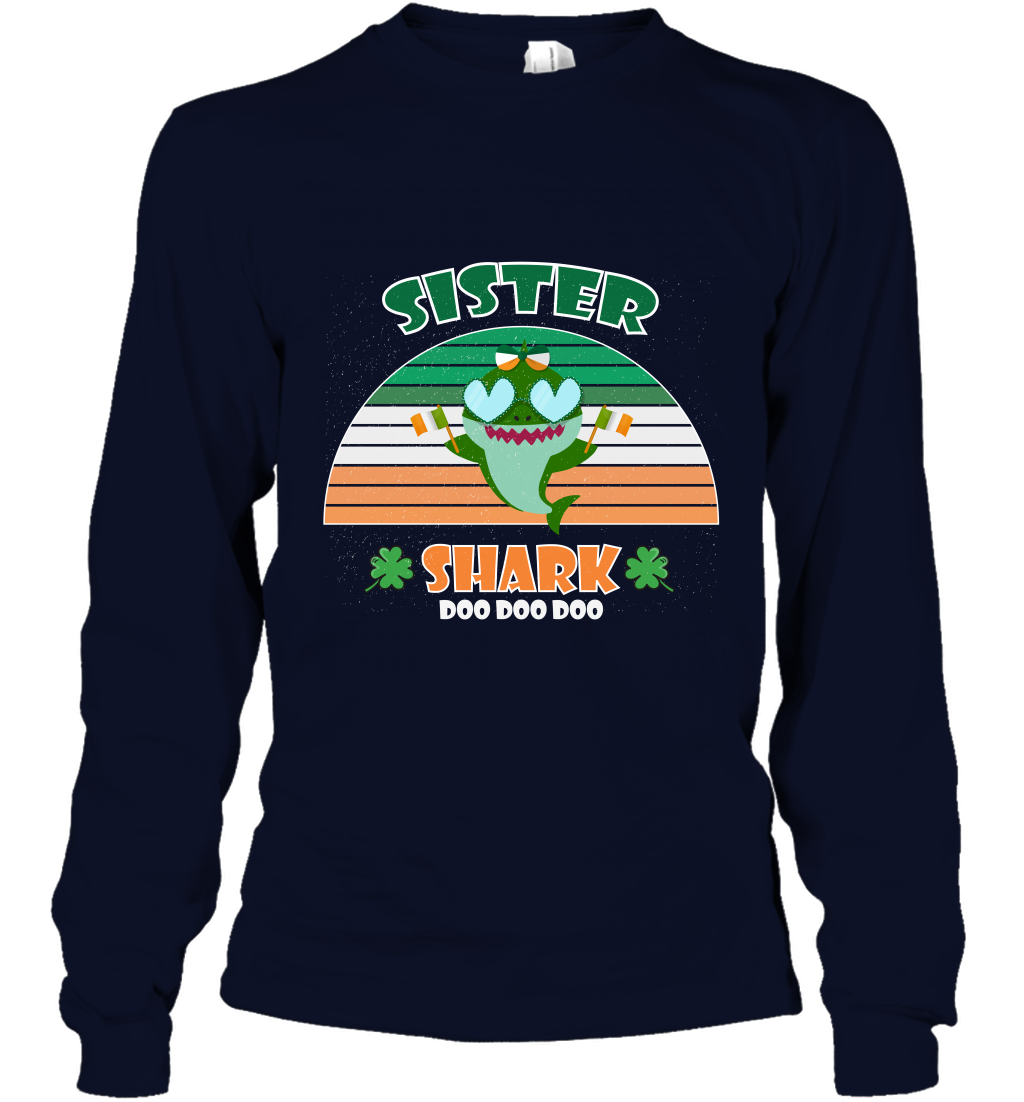 Irish Sister Shark Saint Patricks Day Family Shirt Long Sleeve T-Shirt Navy