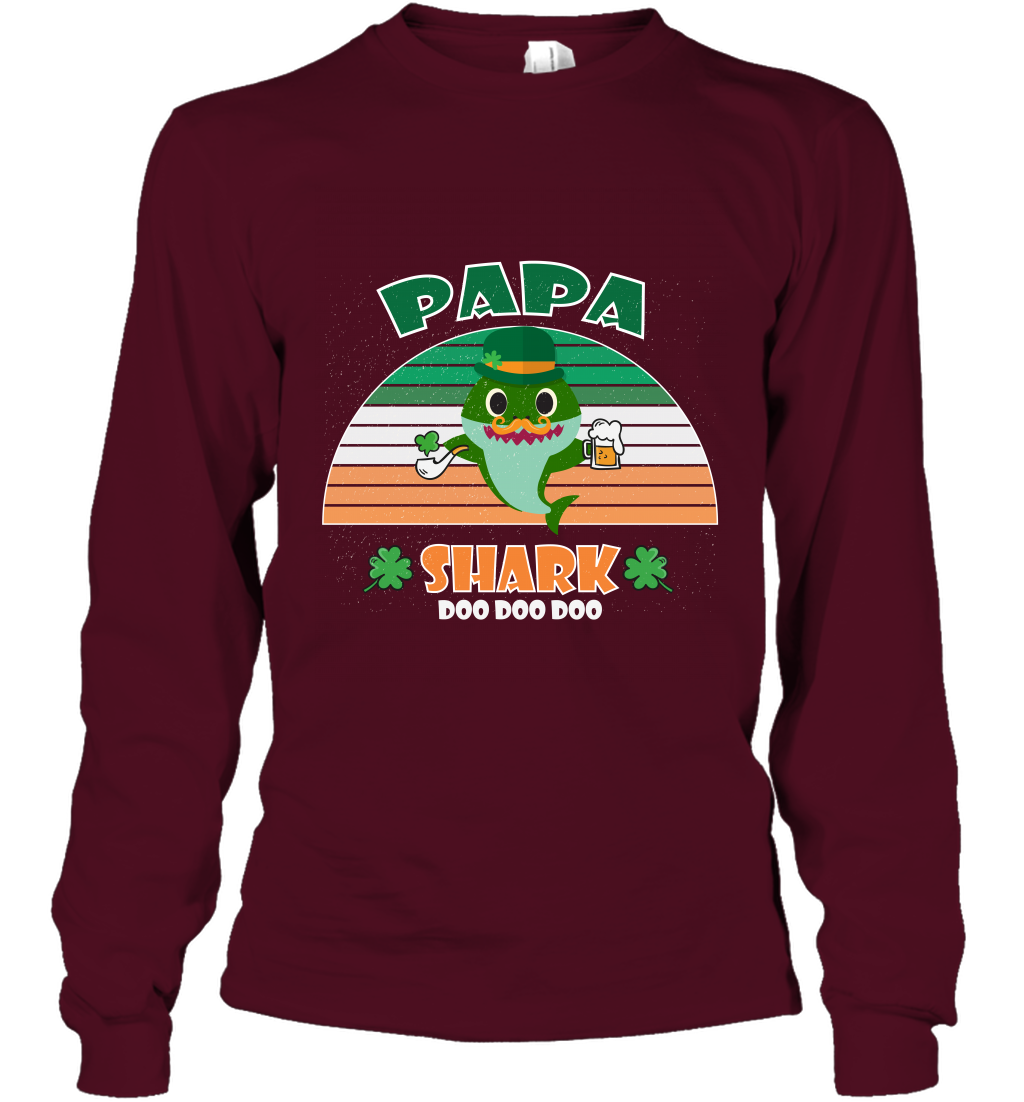 Irish Papa Shark Saint Patricks Day Family Shirt Long Sleeve T-Shirt Maroon