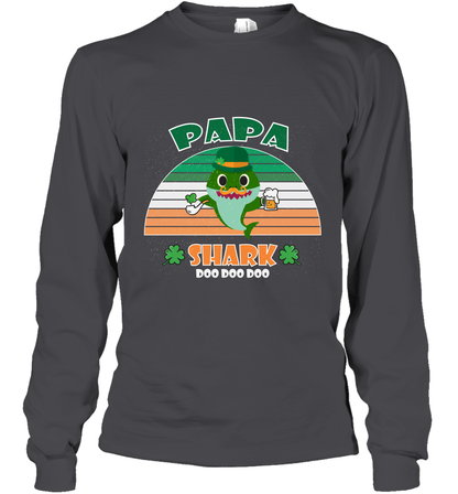 Irish Papa Shark Saint Patricks Day Family Shirt Long Sleeve T-Shirt Dark Heather