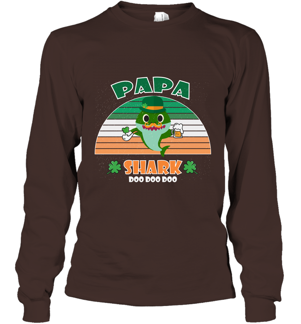 Irish Papa Shark Saint Patricks Day Family Shirt Long Sleeve T-Shirt Dark Chocolate