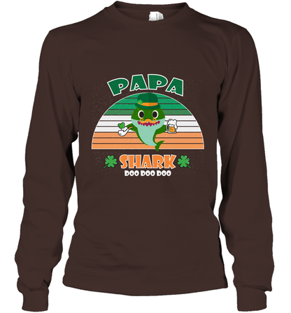 Irish Papa Shark Saint Patricks Day Family Shirt Long Sleeve T-Shirt Dark Chocolate