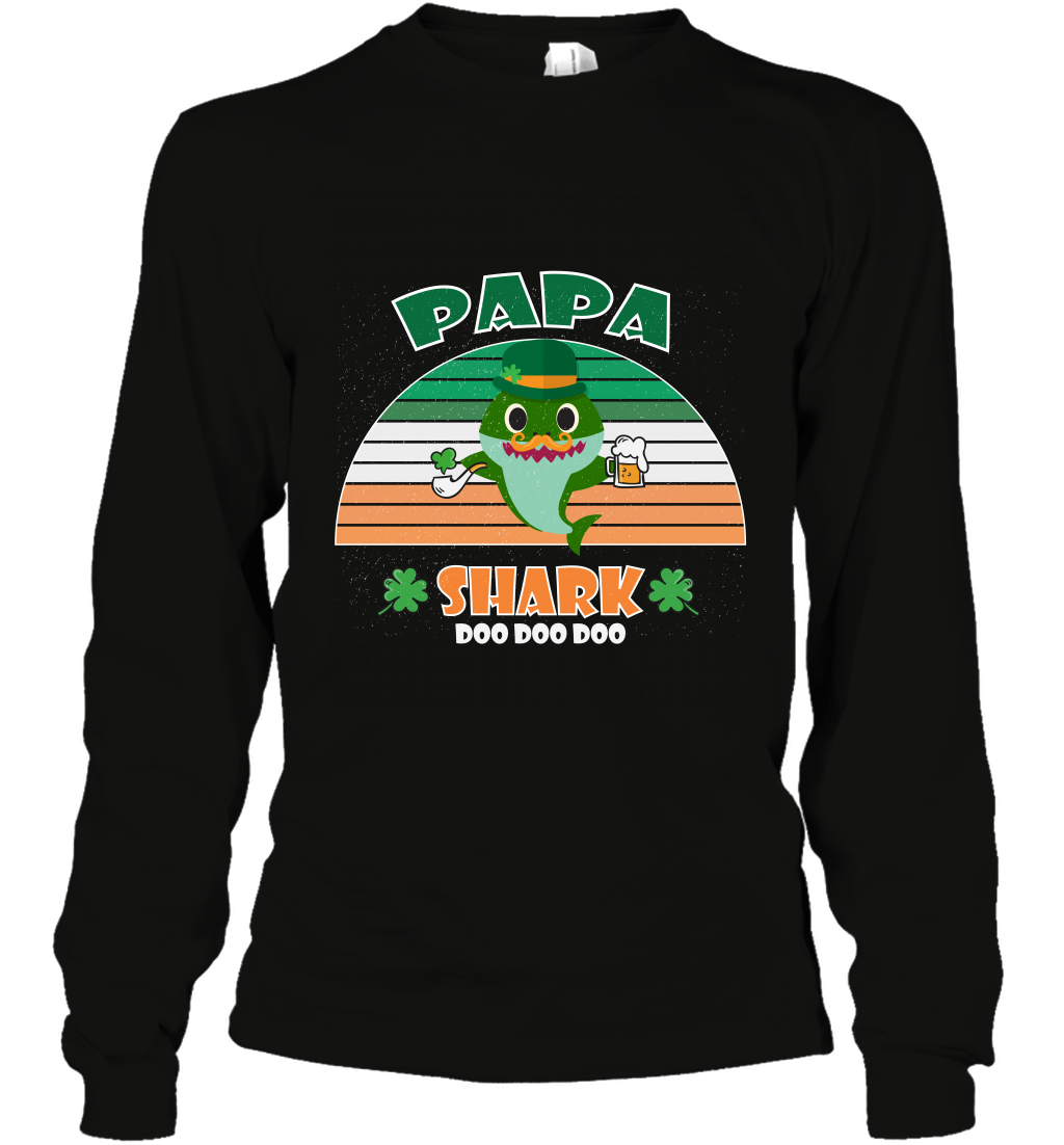 Irish Papa Shark Saint Patricks Day Family Shirt Long Sleeve T-Shirt Black