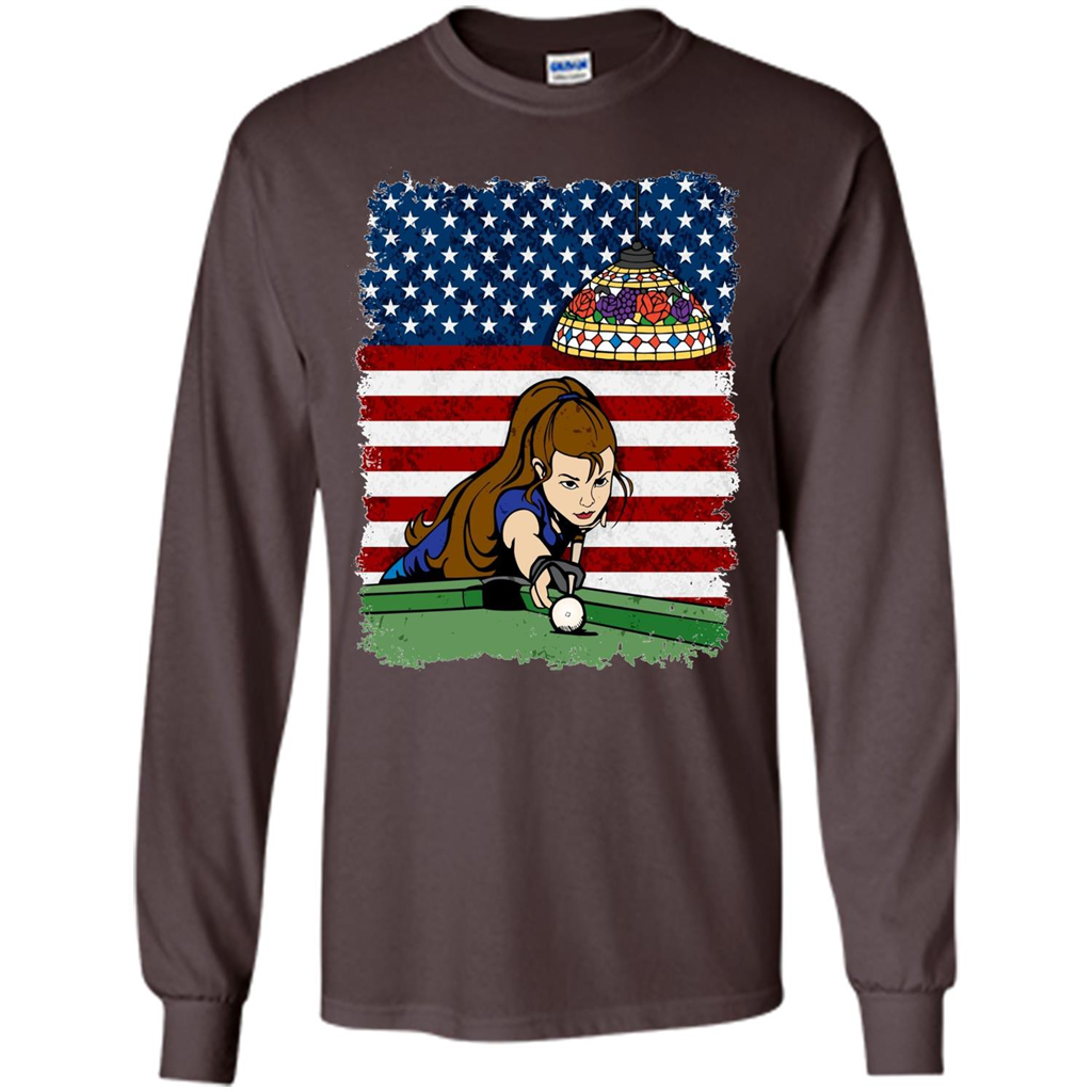 Female Pool Player on American Flag Patriotic T-shirt Dark Chocolate