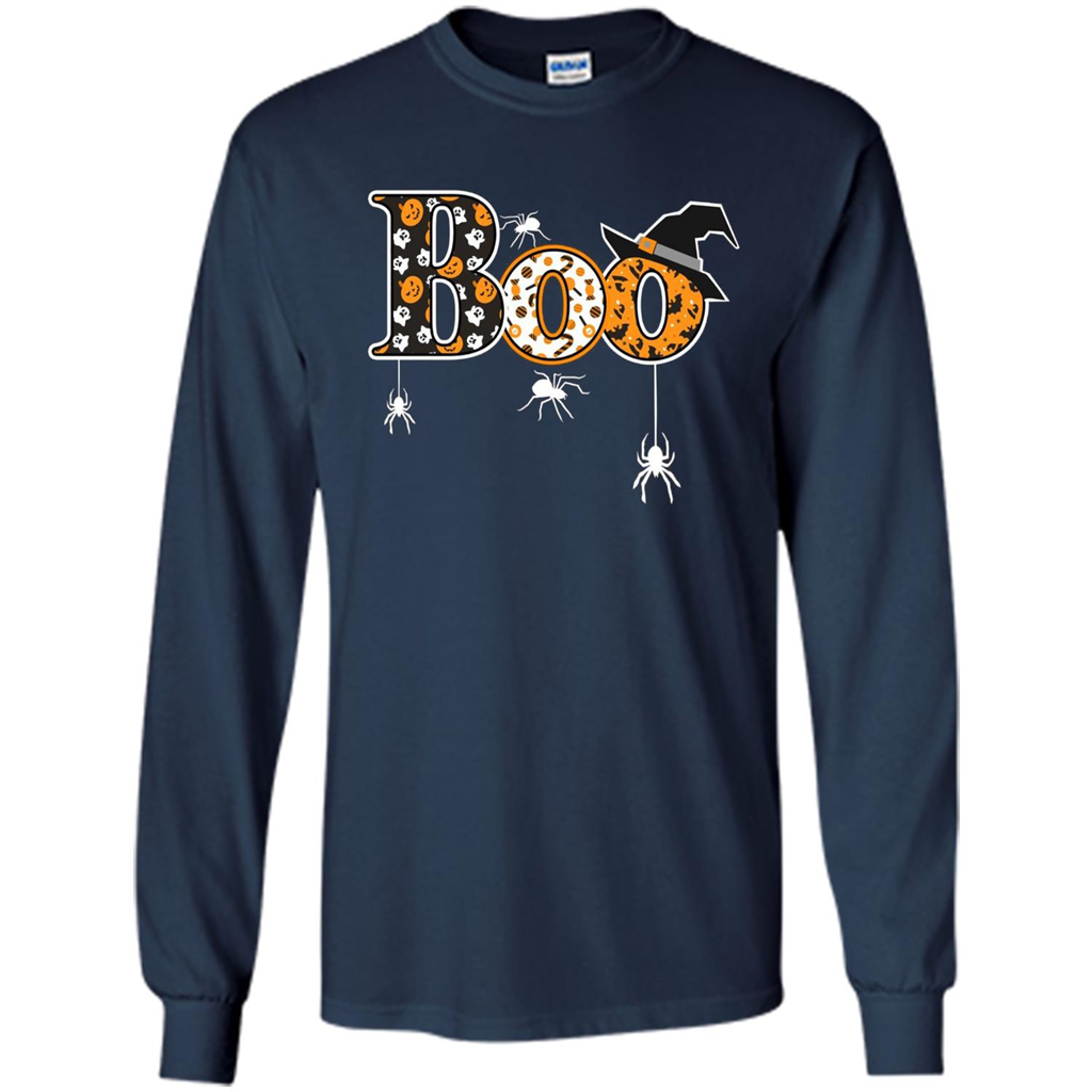 Boo Halloween T-Shirt With Spiders And Witch Hat Navy