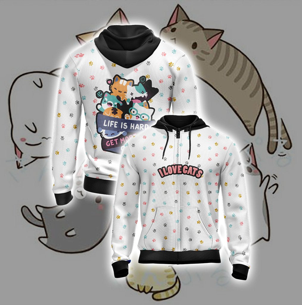 Life Is Hard Get More Cats I Loves Cats Kawaii Unisex Zip Up Hoodie 4XL