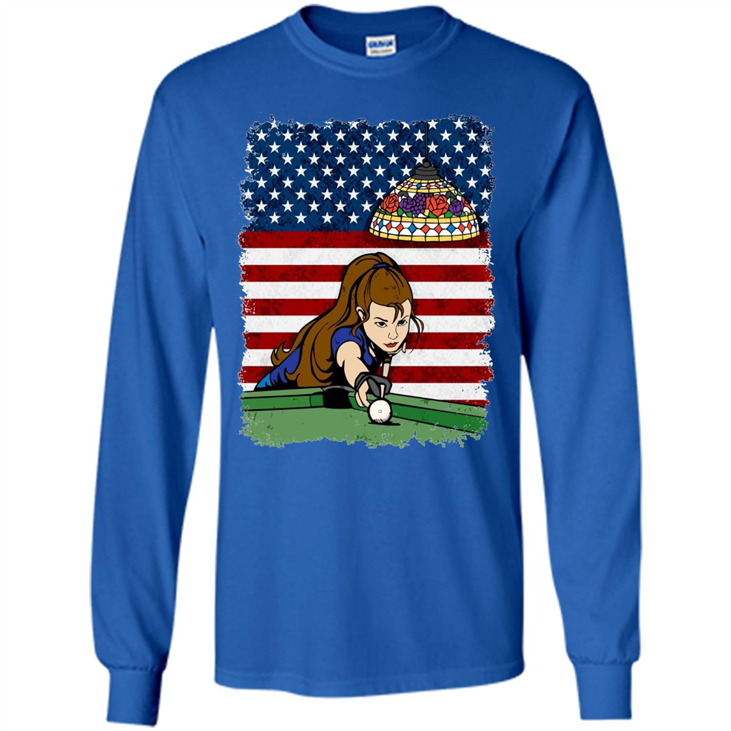 Female Pool Player on American Flag Patriotic T-shirt Royal