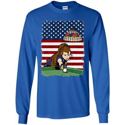 Female Pool Player on American Flag Patriotic T-shirt Royal