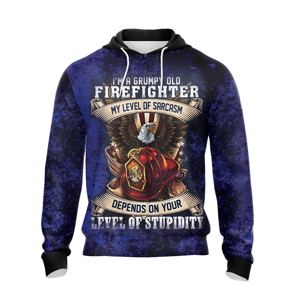 I'm Grumpy Old Firefighter My Level Of Sarcasm Depends On Your Level Of Stupidity Unisex Zip Up Hoodie