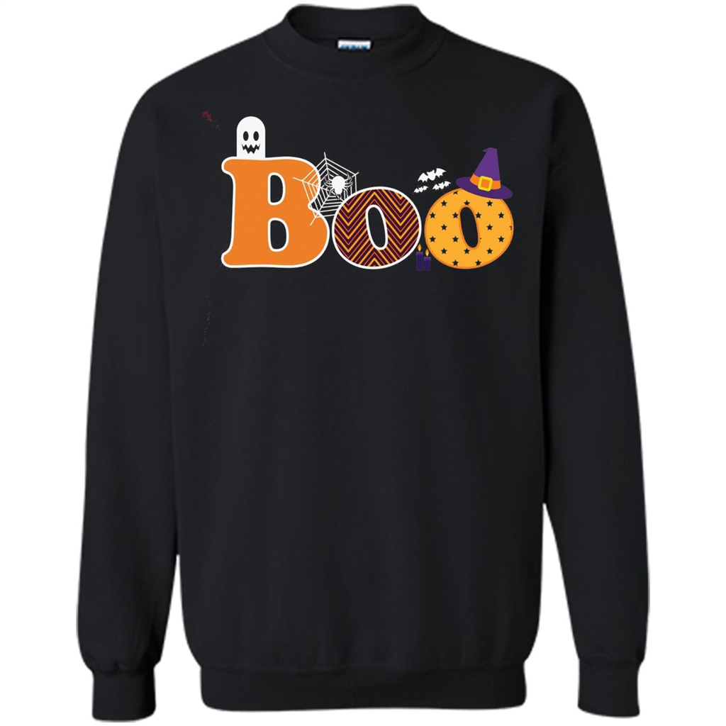 Boo Halloween T-Shirt With Ghost, Spider, Bat and Witch Hat Black