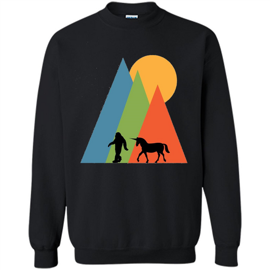 Bigfoot Unicorn Mountain and Sun T-Shirt Black