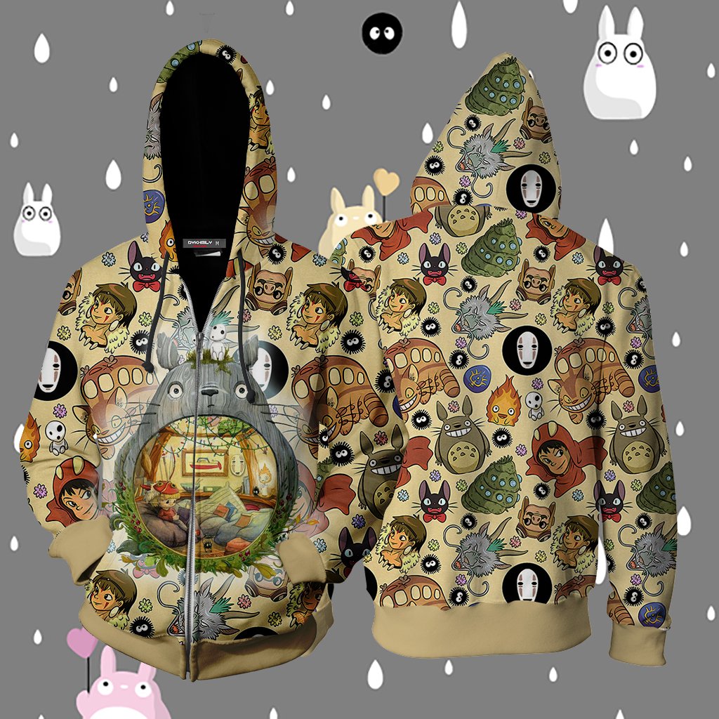Ghibli Studio Spirited Away Characters Seamless Zip Up Hoodie 4XL