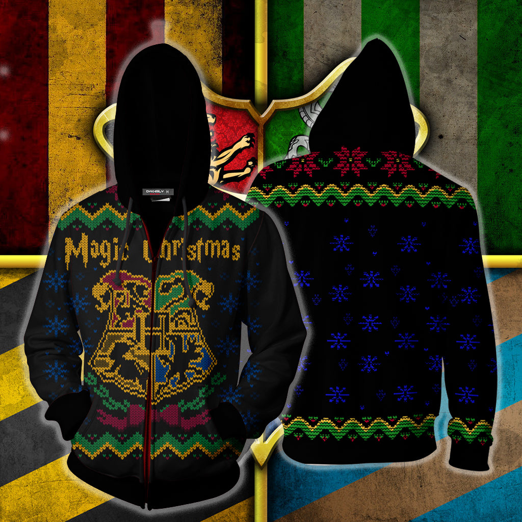 Magic Christmas Hogwarts Logo Harry Potter Ugly Christmas Zip Up Hoodie