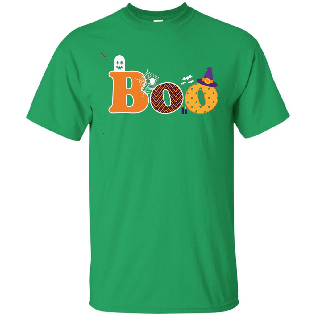 Boo Halloween T-Shirt With Ghost, Spider, Bat and Witch Hat Irish Green