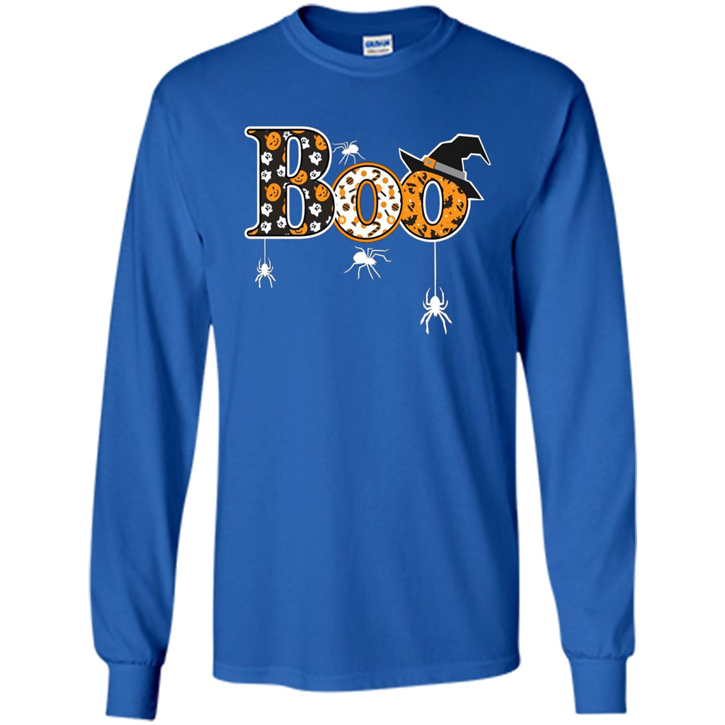Boo Halloween T-Shirt With Spiders And Witch Hat Royal