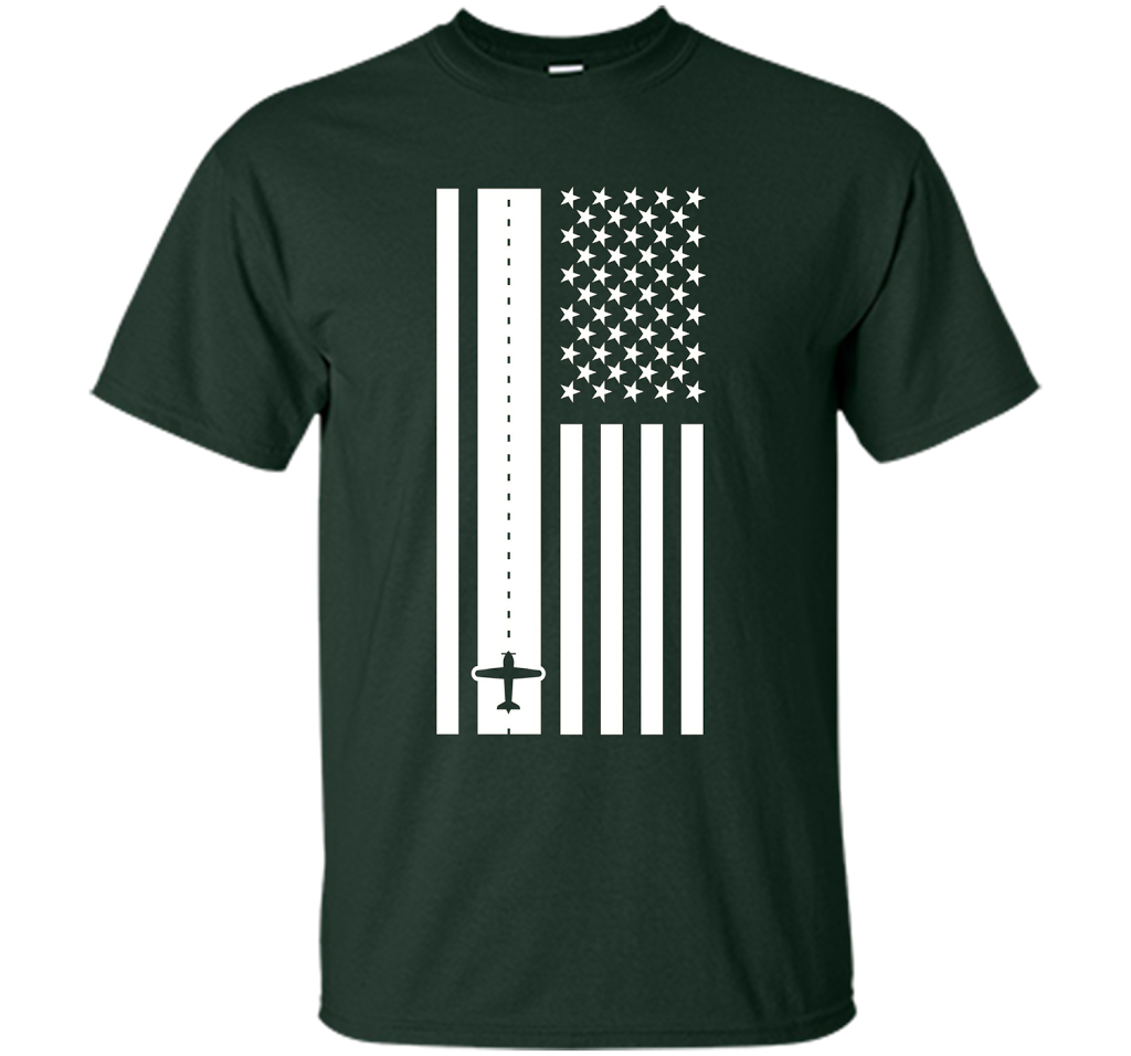 Patriotic American Flag Runway Pilot T-shirt Forest Green